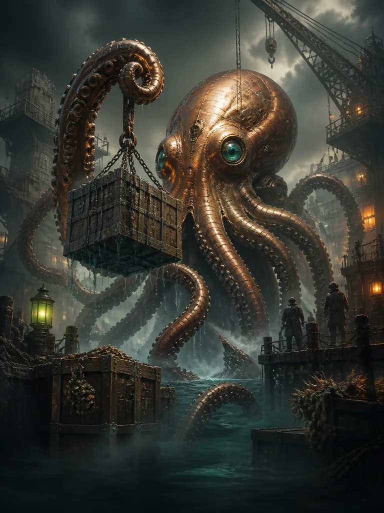 Copper Kraken Dock: мідний кракен, що підіймає скрині зі скарбами на туманному промисловому причалі