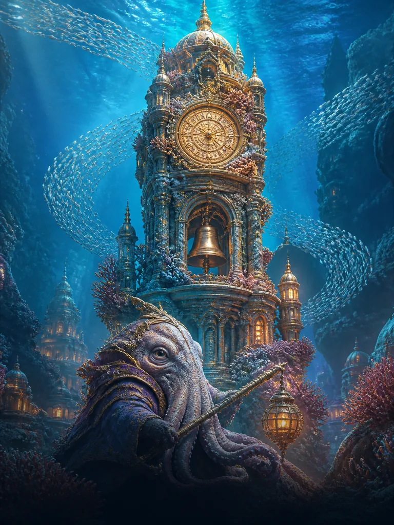 Coral Clocktower: коралова годинникова вежа, біля якої спіралями пливуть срібні риби
