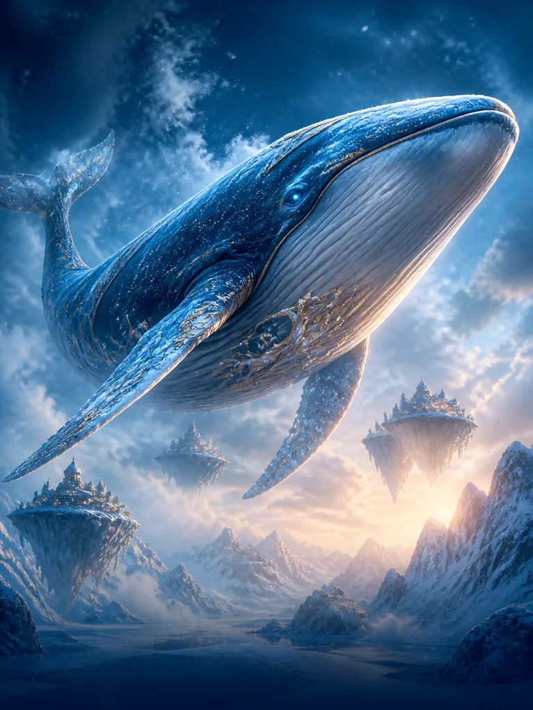 Frostwhale Passage: сяйливий небесний кит, що пливе крізь завіси снігу
