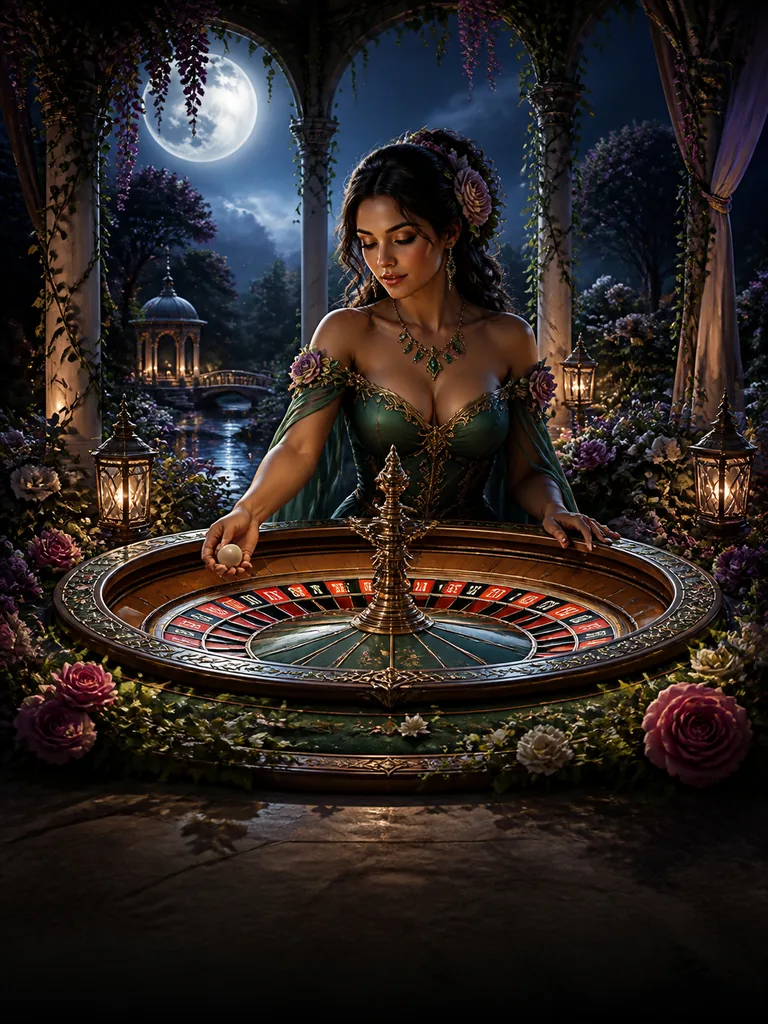 Garden Roulette Classic: цифрове колесо рулетки в тихому садовому павільйоні під місяцем
