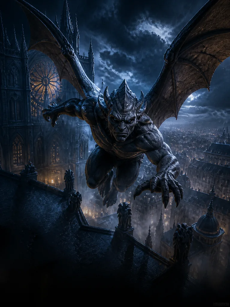 Gargoyle Flight: кам'яна гаргулья прискорюється над мокрими дахами собору