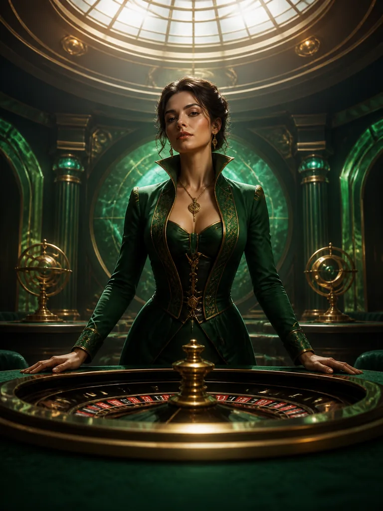 Meridian Roulette: елегантна смарагдова студія рулетки під круглим латунним вікном