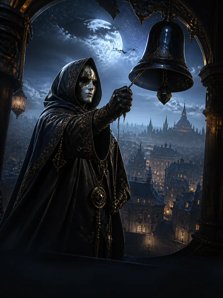 Midnight Bellkeeper: вартовий у масці дзвонить у чорний кришталевий дзвін над сплячим містом