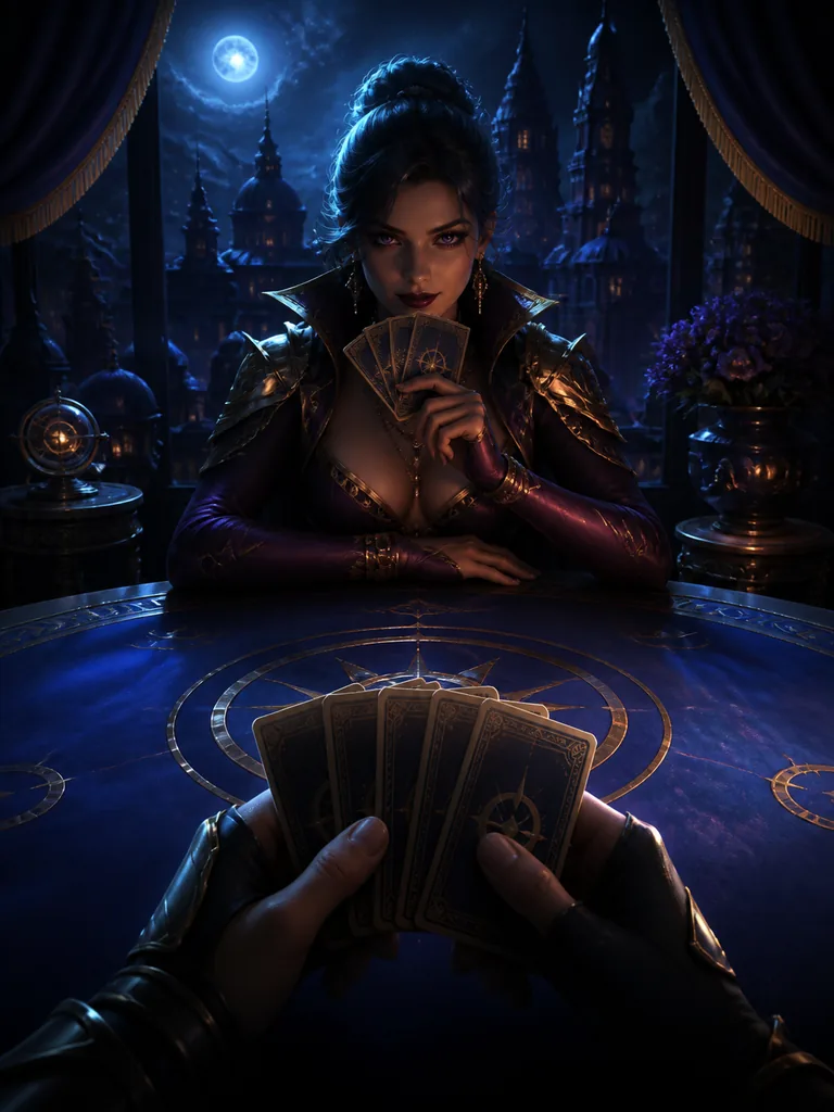 Midnight Card Duel: дві стилізовані карткові руки одна навпроти одної за кобальтовим столом