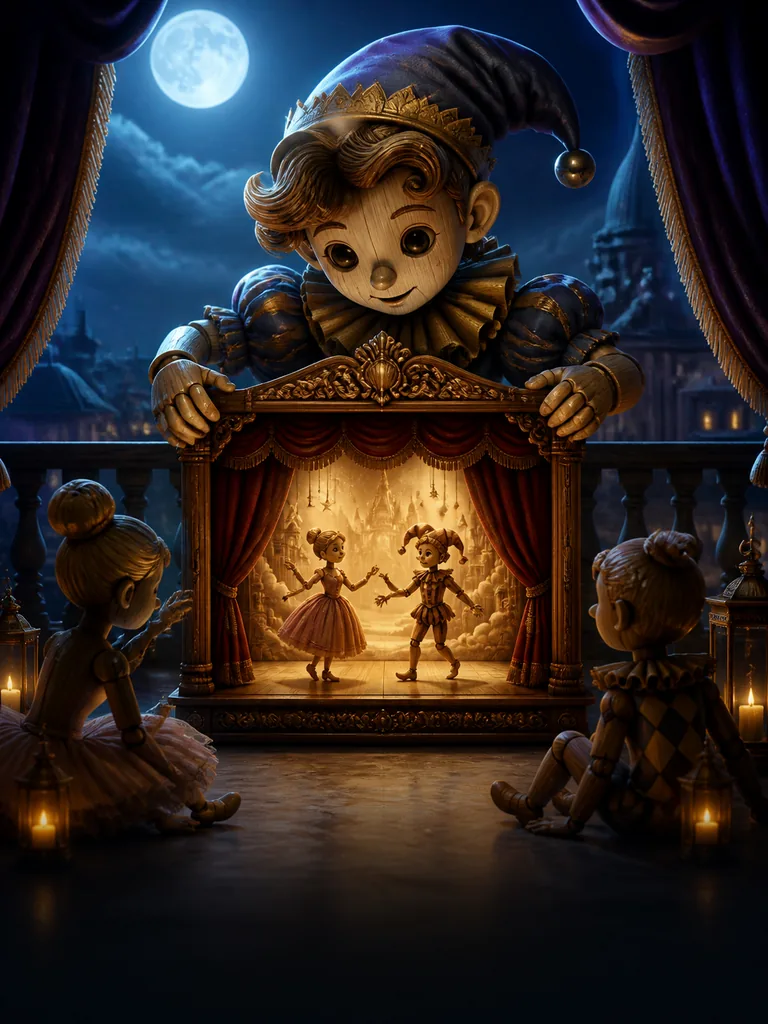 Moonlit Puppet Stage: дерев'яні ляльки, що відкривають маленький театр на місячному балконі