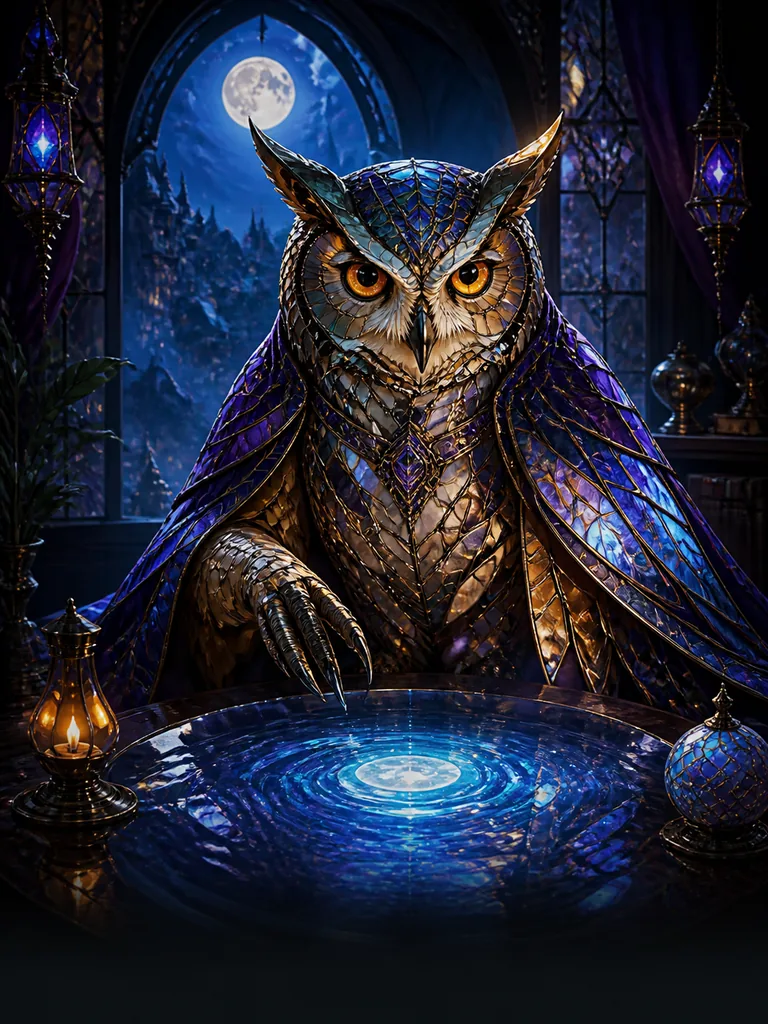 Owlglass Oracle: сова з вітражного скла читає майбутнє в калюжі місячного світла