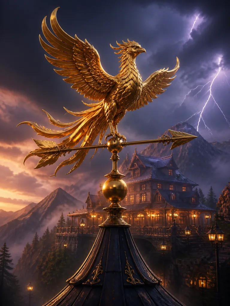 Phoenix Weather Vane: золотий флюгер-фенікс, що обертається над гірською корчмою у грозу