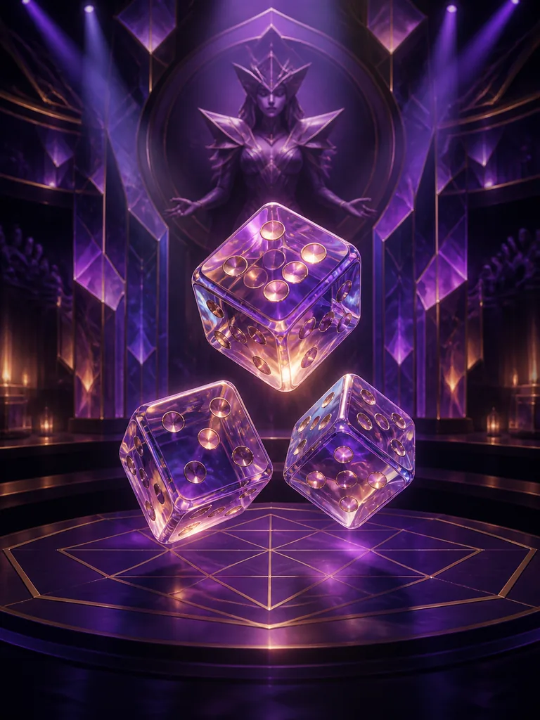 Prism Dice Live: прозорі кості під світлом на геометричній фіолетовій сцені