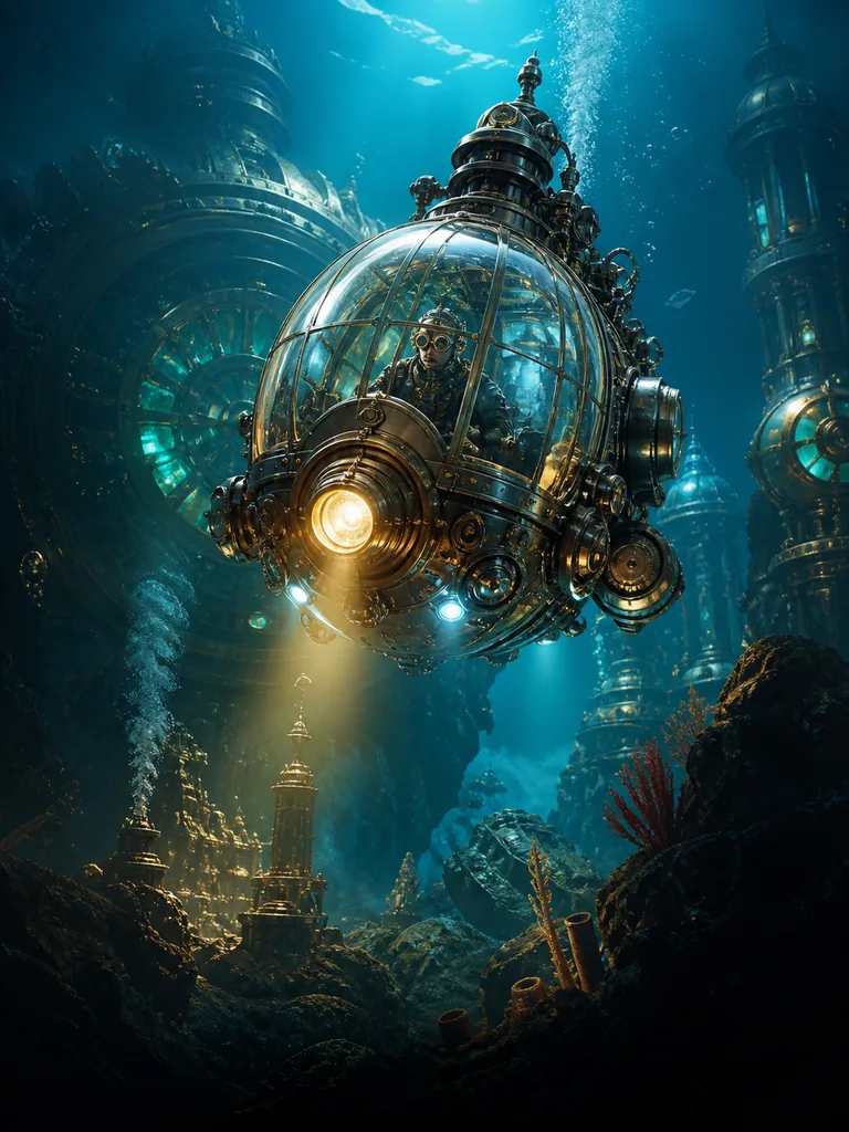 Steamglass Submarine: субмарина зі скляним куполом, що спускається повз сяйливі механізми безодні