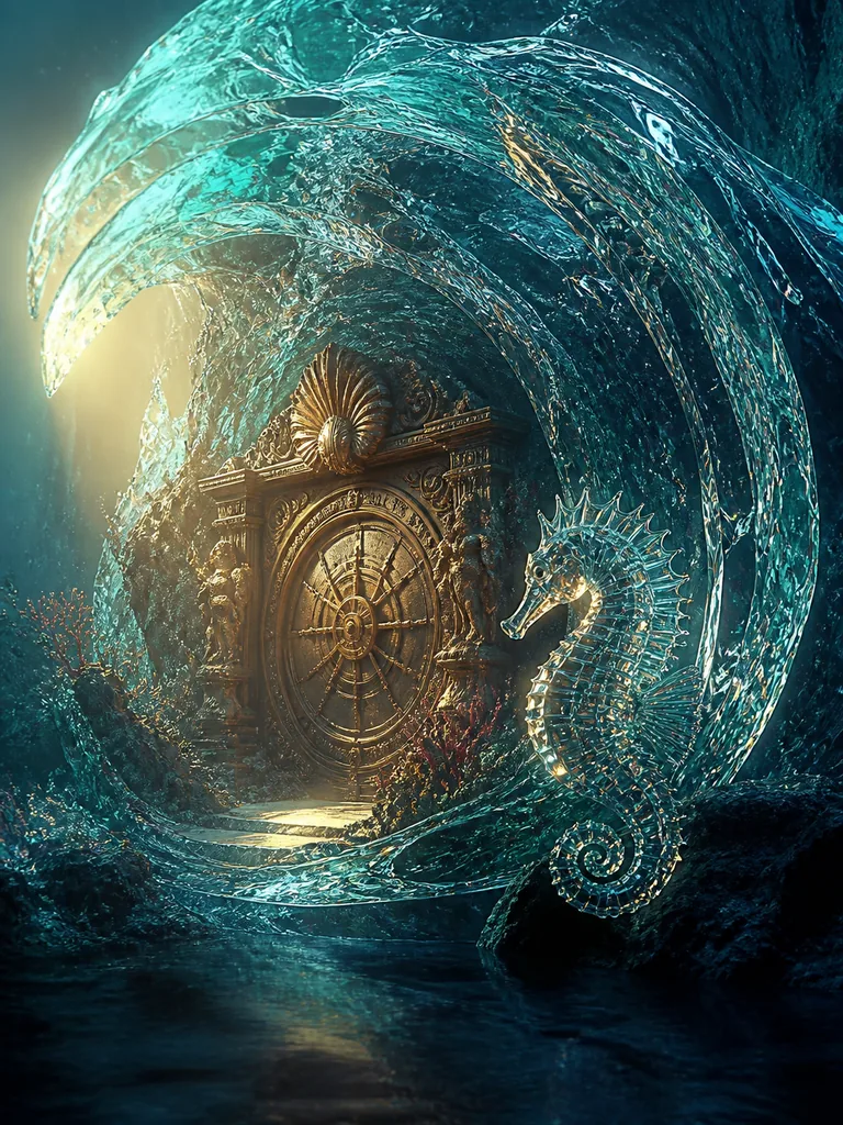 Tideglass Treasury: приливна хвиля, застигла у склі довкола дверей підводної скарбниці