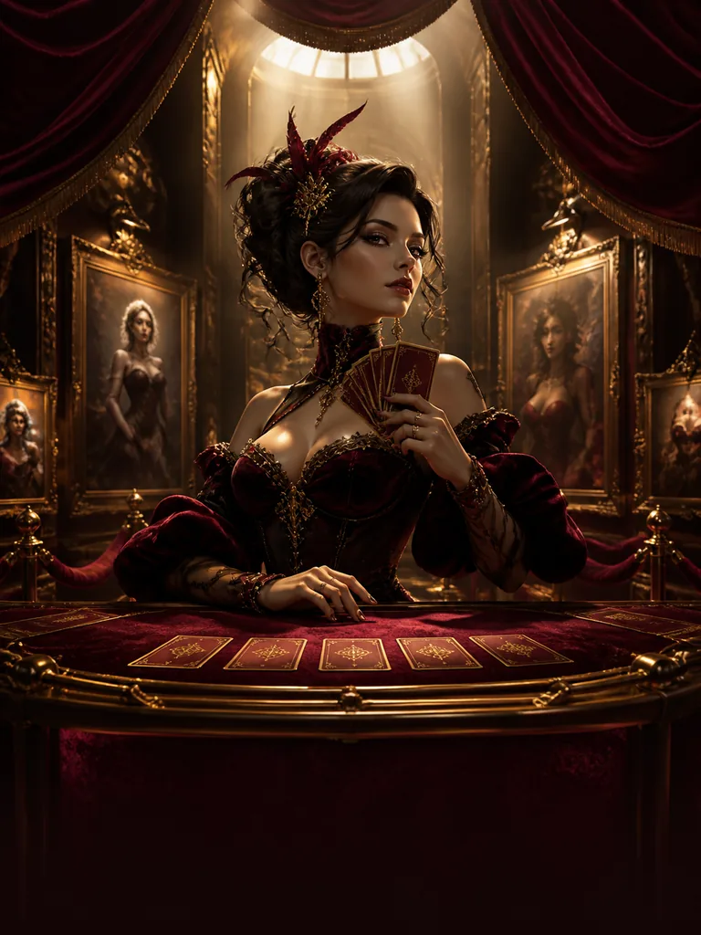 Velvet Card Gallery: картковий стіл наче в галереї, у бордовому оксамиті й золотих рамах