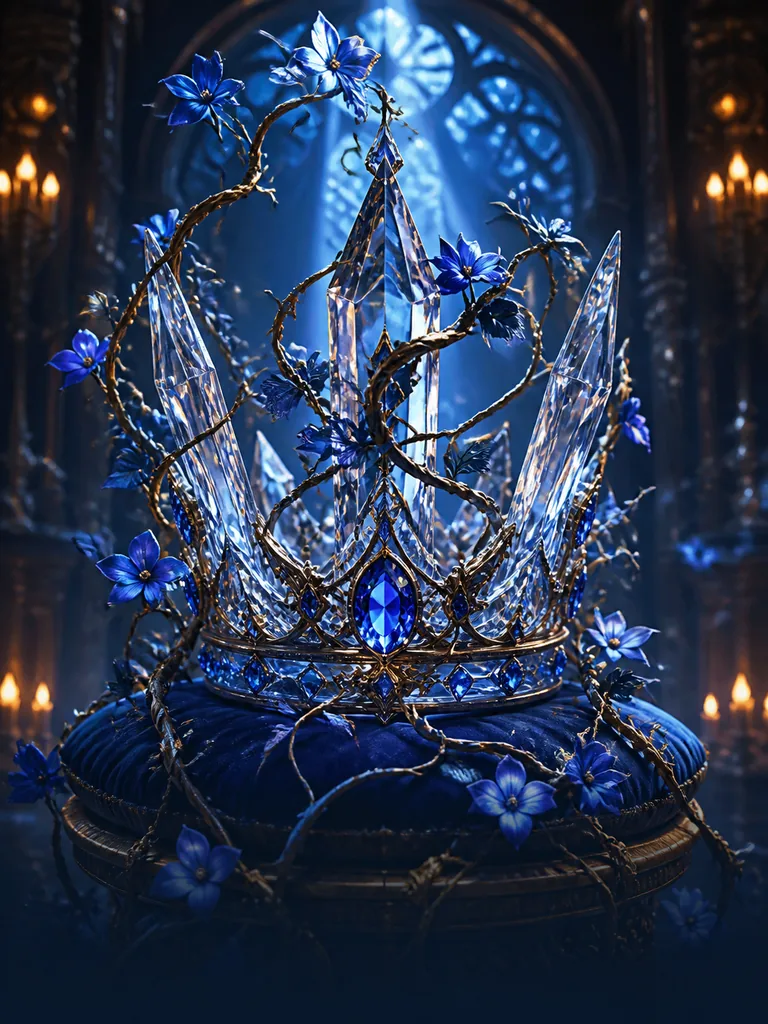 Vineglass Crown: кришталева корона, яку поволі обплітають квітучі сапфірові лози