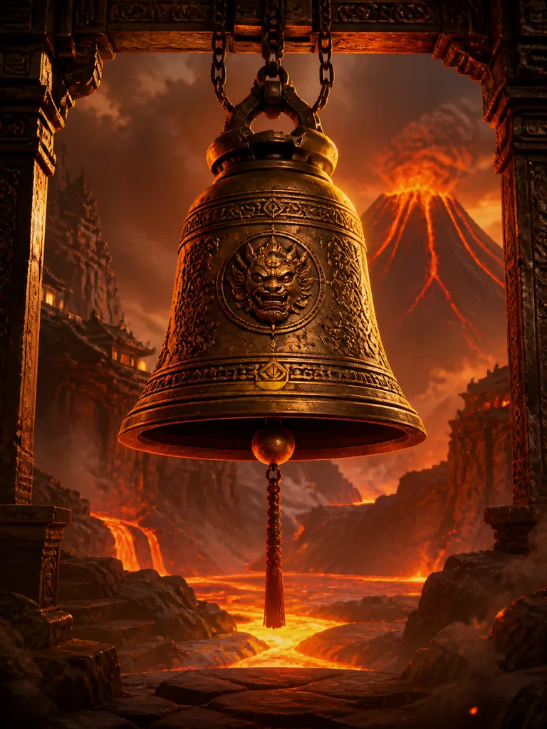Volcano Bell: давній бронзовий дзвін, підвішений над повільною лавовою рікою
